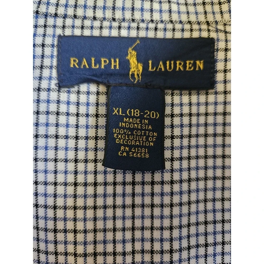 Ralph Lauren Boys XL 18-20 Blue White Gingham Check Cotton Button Down Shirt